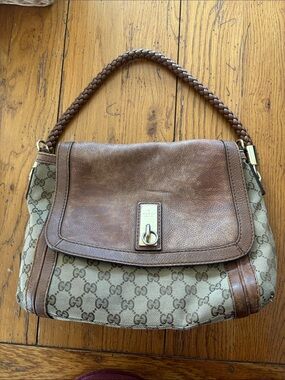 Gucci Brown Leather & Monogram Shoulder Hobo